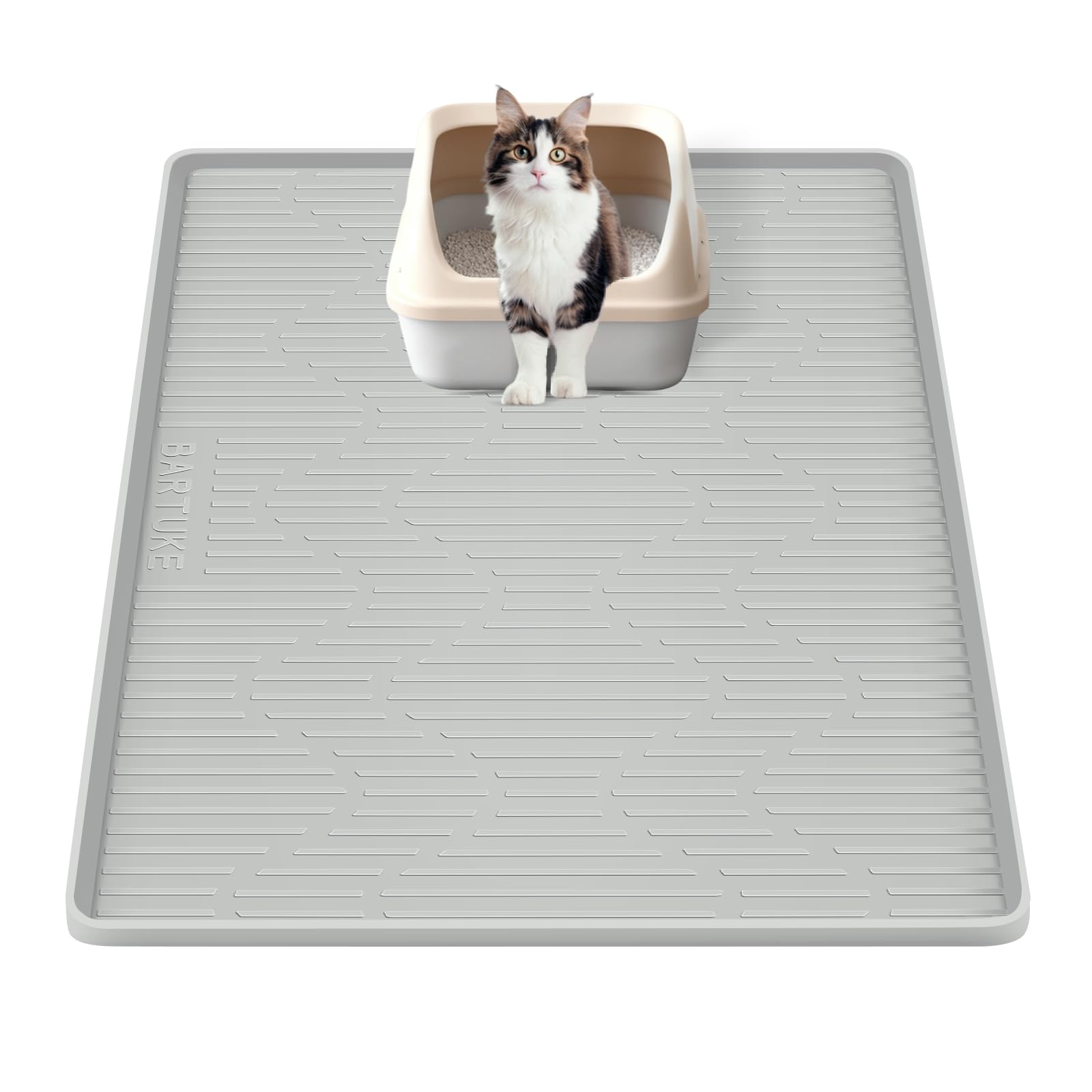 Bartuke Silicone Cat Litter Mat, 27" x 27" Large Cat Litter Box Mat Litter Trapping Mat for Scatter Control, Waterproof, Soft on Kitty Paws, Clean Floor (Grey)