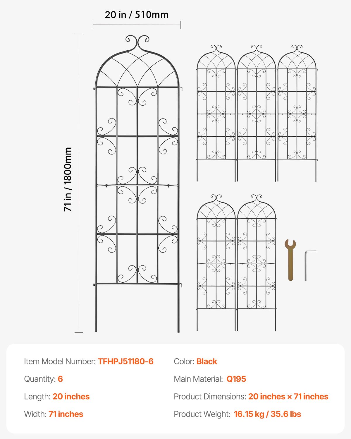 VEVOR Enrejado de Metal para Plantas Trepadoras 51 x 180 cm Soporte para Rosas Trepadoras 6 Piezas Arco para Enredaderas Soporte para Pepinos Decorativo para Clemátides para Patio, Césped, Jardín