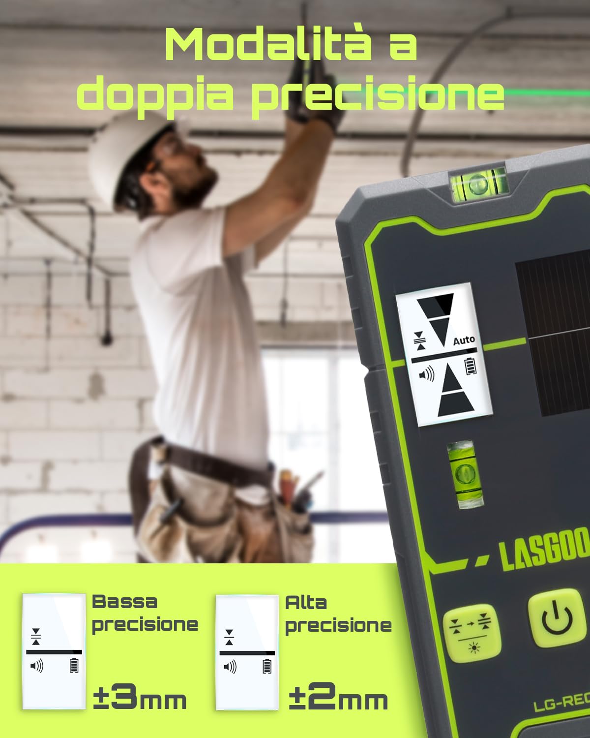 LasGoo LG-REC01 Ricevitore per Livella Laser, Doppio Display LCD, Rilevatore di Raggi Laser Verde e Rosso, Fino a 50m, Batteria Ricaricabile Integrata, Morsetto Incluso