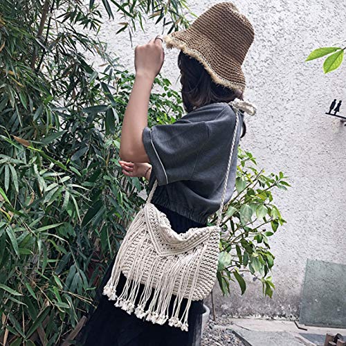 Van Caro Handwoven Cotton Straw Shoulder Bag Crochet Tassel Beach Bohemian Purse for Women2