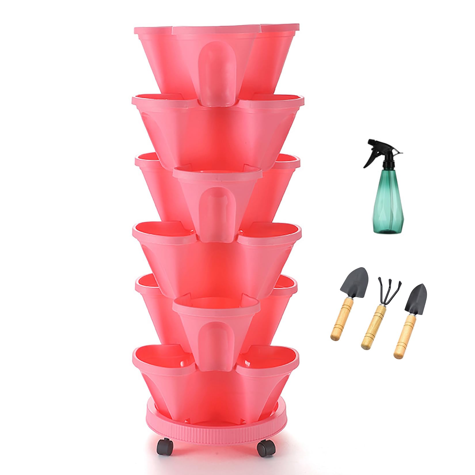 NNYCC 6 Tier Stackable Strawberry Planter with Movable Casters,4-way Vertical Garden Tower for Plants Vegetables Flowers,pink
