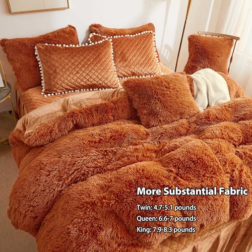 Image of LIFEREVO Terracotta Plush Shaggy Duvet Cover Set, Soft Velvet Fluffy Comforter Quilt Cover Bedding Set(1 Faux Fur Fuzzy Duvet Cover + 2 Pompoms Pillow Cases), Zipper Closure(King, Burnt Orange)