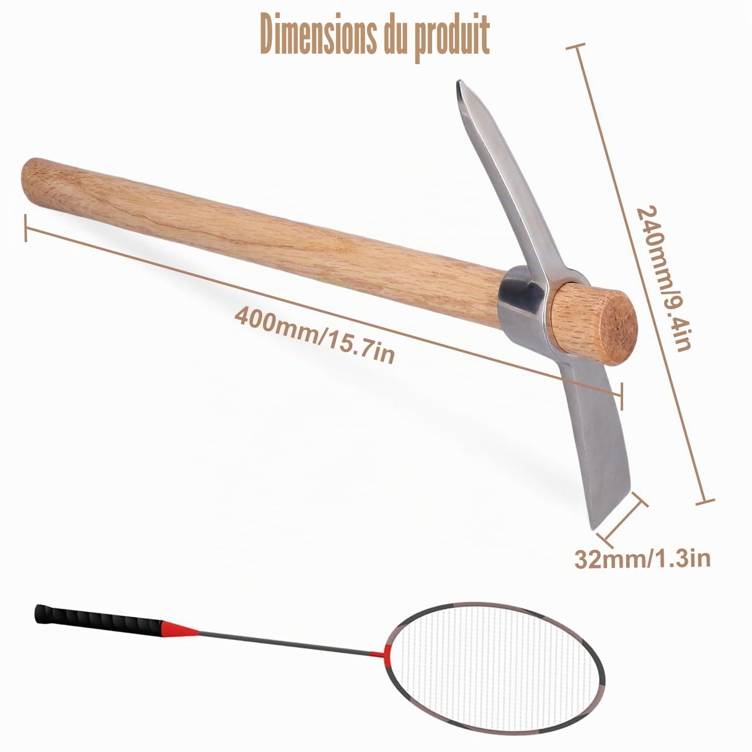 Pioche de Jardin de 40 cm/15,7 pouces, Houe de Pioche en Acier Inoxydable Binette Jardinage Desherbage Pioche Solide et Durable Outils de Houe de Jardinage Agricole avec Manche en Bois