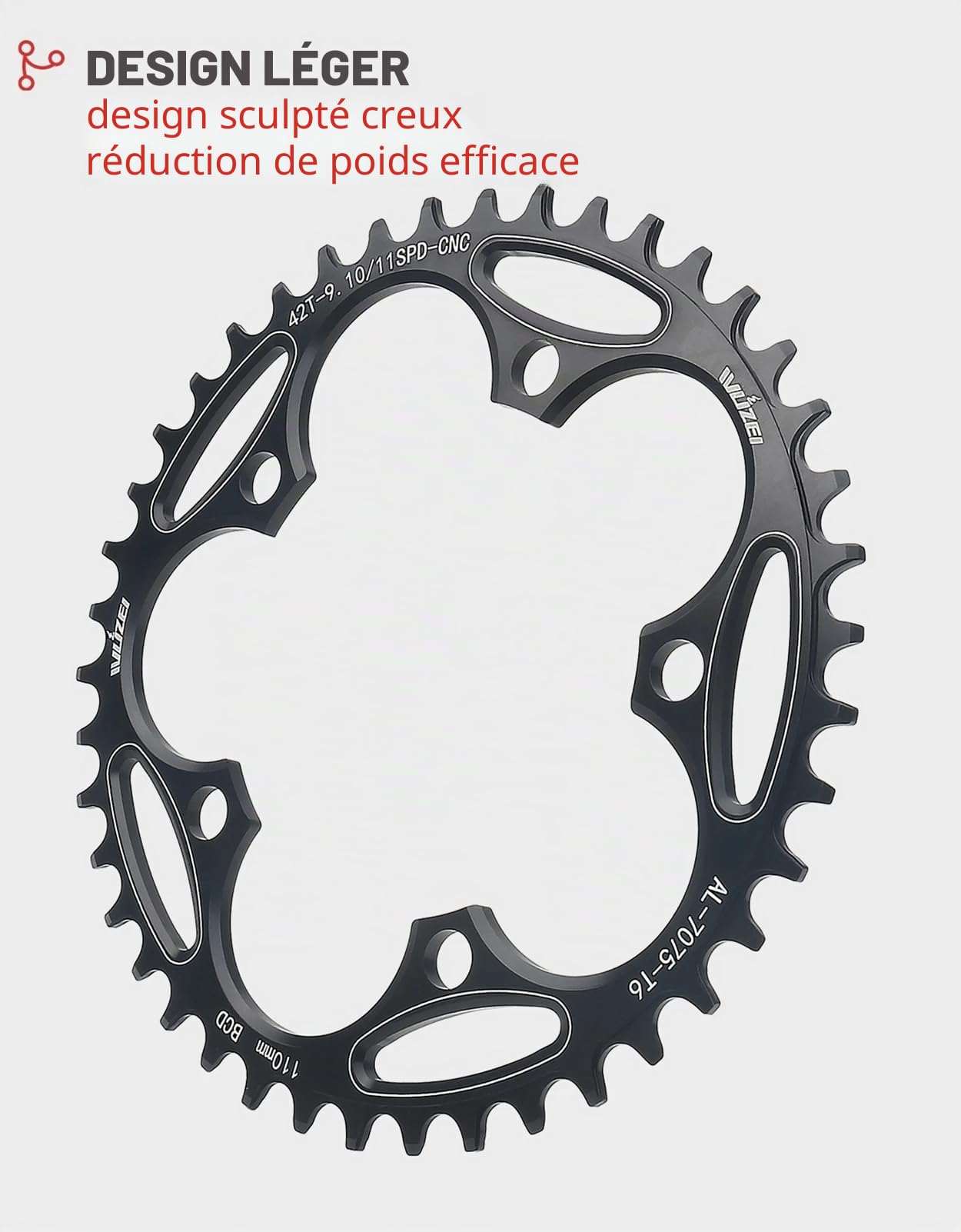 BIKECO Plateau large et étroit pour vélo 110/130BCD 5 vis Plateau rond 36/38/40/42/44/46/48/50/52/54/56/58/60T pour vélo de course VTT 9, 10, 11 vitesses