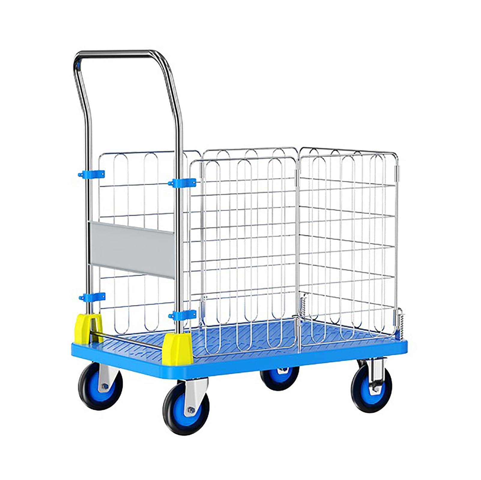 Wózek platformowy 2 w 1 z klatką, ze zdejmowanym płotem i kołami(Blue,Large)