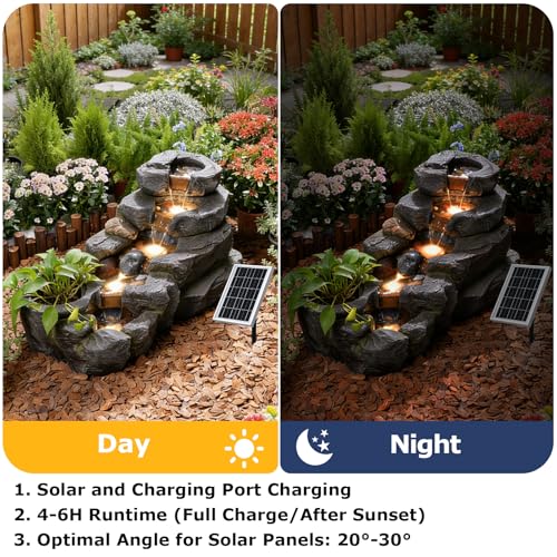 Image of 5-Tier Solar Water Fountain Outdoor Rock Waterfall Fountains
