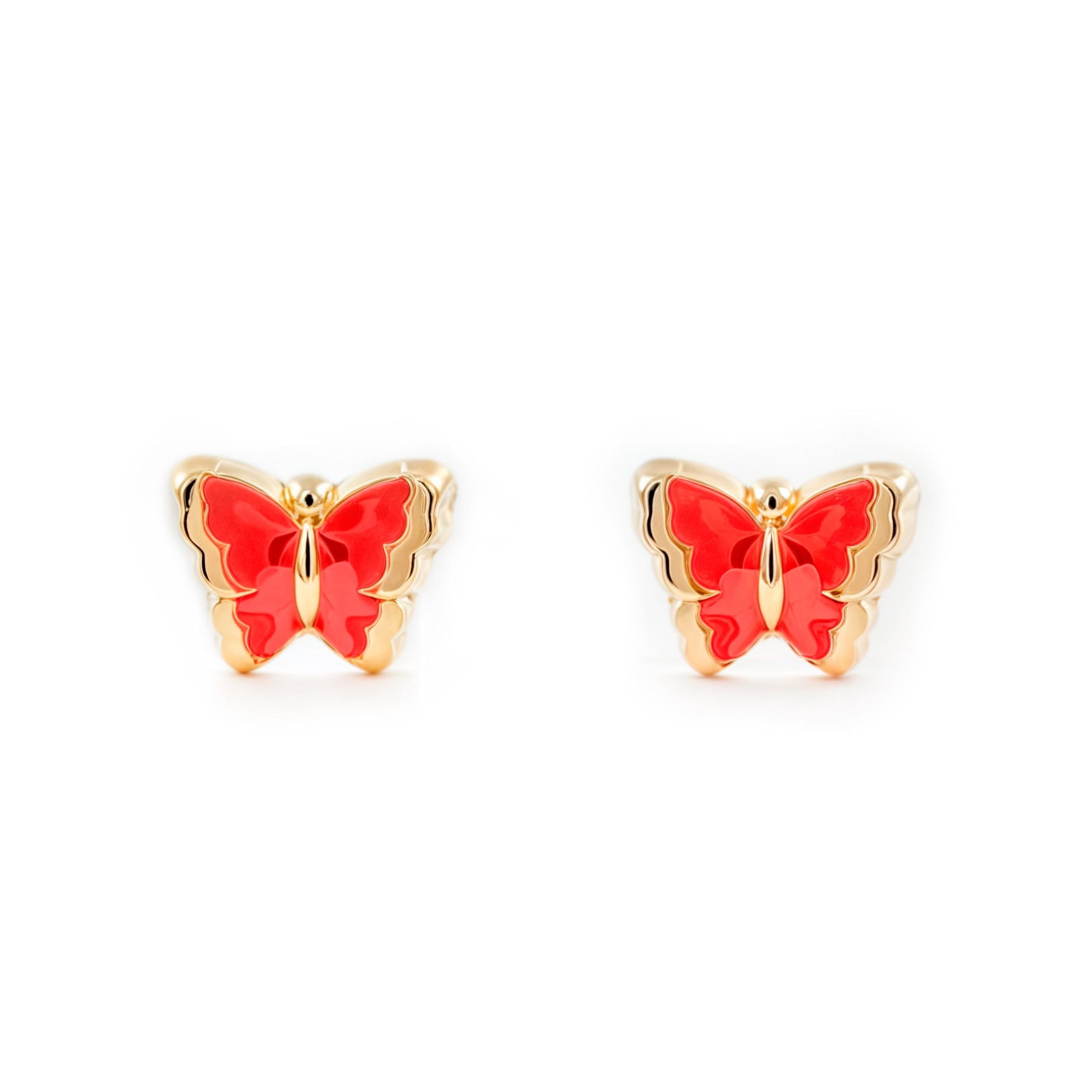 Cadeau Naissance Boucles D'Oreilles Enfant Papillon - Or Jaune 9 Carats Émail Rouge Bijoux Enfant Or