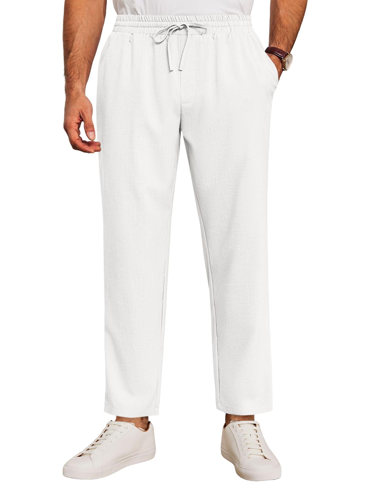 Runcati Mens Casual Pants Drawstring Elastic Waist Lightweight Cropped Linen Pants Summer Yoga Beach Trousers