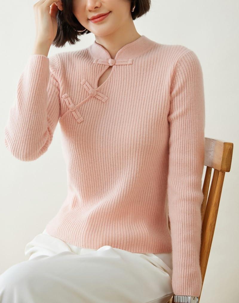 DISSA YD24162 - Maglione da donna in cashmere con colletto alto, a maniche lunghe, a righe, sottile