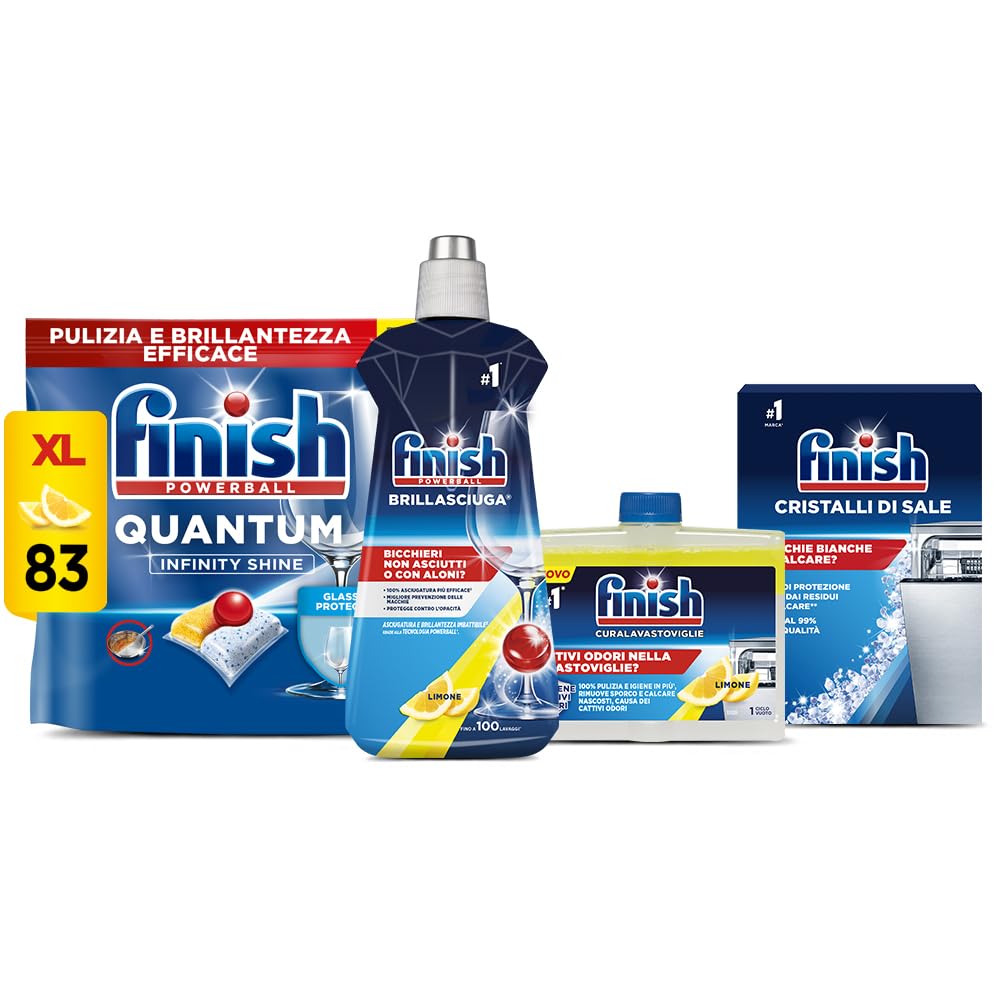 Finish Kit Lavastoviglie, 83 Pastiglie Quantum Infinity Shine al Limone, Brillantante Lemon 500ml, Curalavastoviglie al Limone 250ml, Cristalli di Sale 1kg