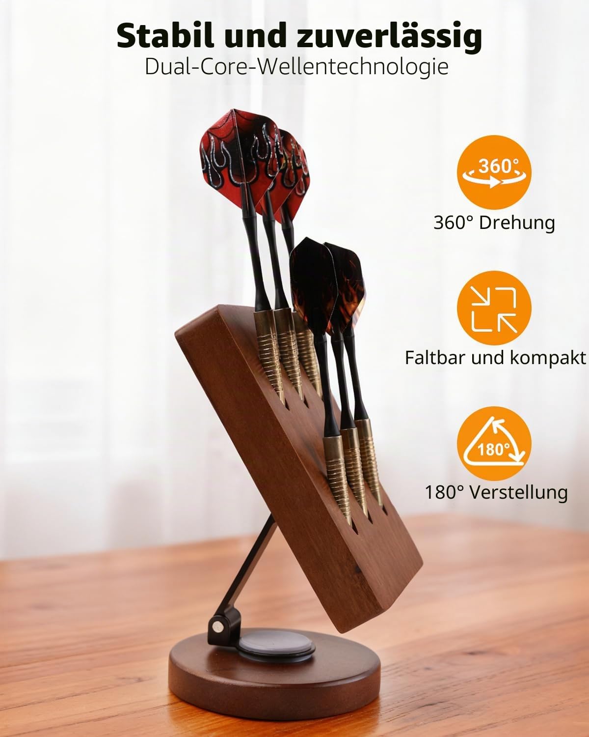 Drehbarer Darthalter aus Holz – Desktop-Aufbewahrungsständer für 6 Dartpfeile aus Stahl und weicher Spitze, Organizer-Tasche mit rutschfester Basis für Spielzimmer, Bar, Büro (braun)