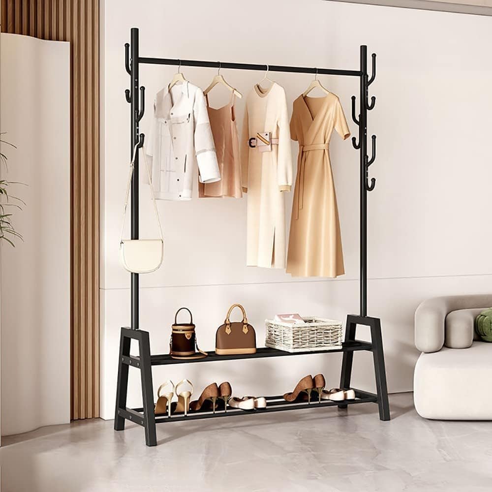 MYUYEE Metal Coat Rack, Clothes Rack Clothes Rail Heavy Duty Multifunctional Metal Clothes Rack With Shoe Rack And 5 Hooks For Bedroom Hallway, 60/80/100/120Cm(A-100Cm)