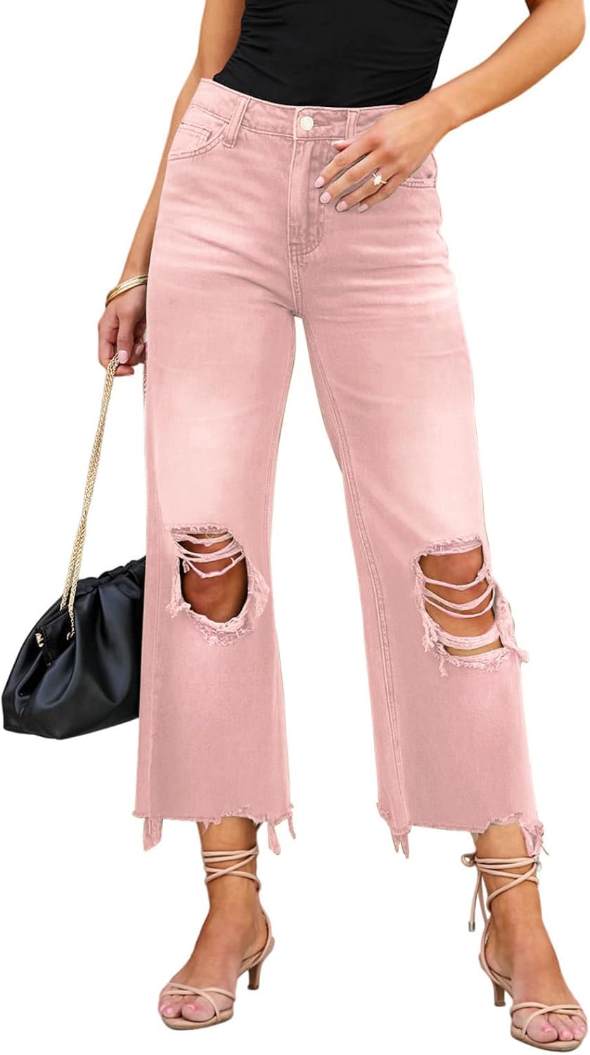 LOLONG High Waisted Ripped Flare Jeans for Women Casual Distressed Pants