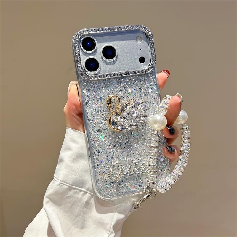 phone case for Motorola Moto G82 / G52,Bling Glitter Cover with 3D Swan & Queen Rhinestones,Sparkly Camera Bezel,Beaded Wrist Strap,Slim Shockproof Protective Case-Silver