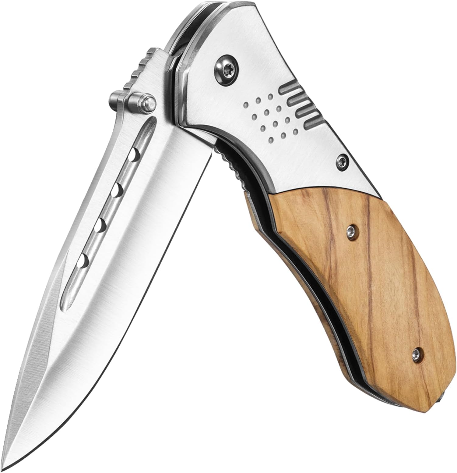 KEXMO Pocket Knife for Men - Sharp Blade Wood Handle Pocket Folding Knives with Clip, Glass Breaker - EDC Knives for Survival Camping Fishing Hiking Women, Large, Olive