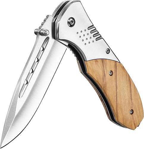 Vista 36 de Navaja de bolsillo para hombre – Cuchillos de bolsillo plegables con mango de madera con clip, rompedor de vidrio, cuchillo EDC de hoja afilada