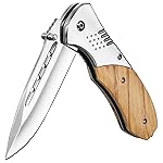 KEXMO Folding Pocket Knife - 3.46 Sharp Blade Olive Wood Handle Pocket Knives with Clip, Glass Breaker - EDC Knife for Dad Women Tactical Hunting Survival Camping Fishing Hiking - Sliver
