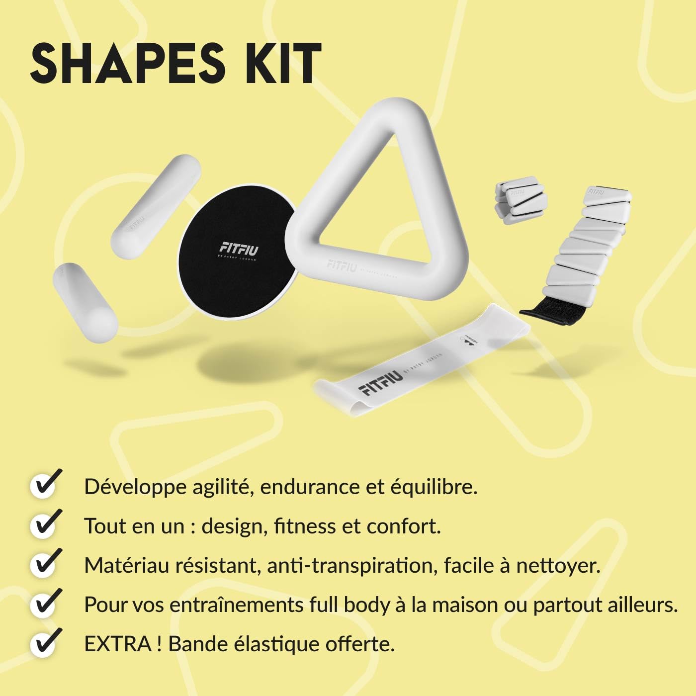 FITFIU Fitness SHAPES KIT - Pack de 4 accessoires sportifs 1 kettlebell 2 dragonnes 2 haltères 2 disques coulissants 1 élastique en acier en silicone blanc SHAPES COLLECTION