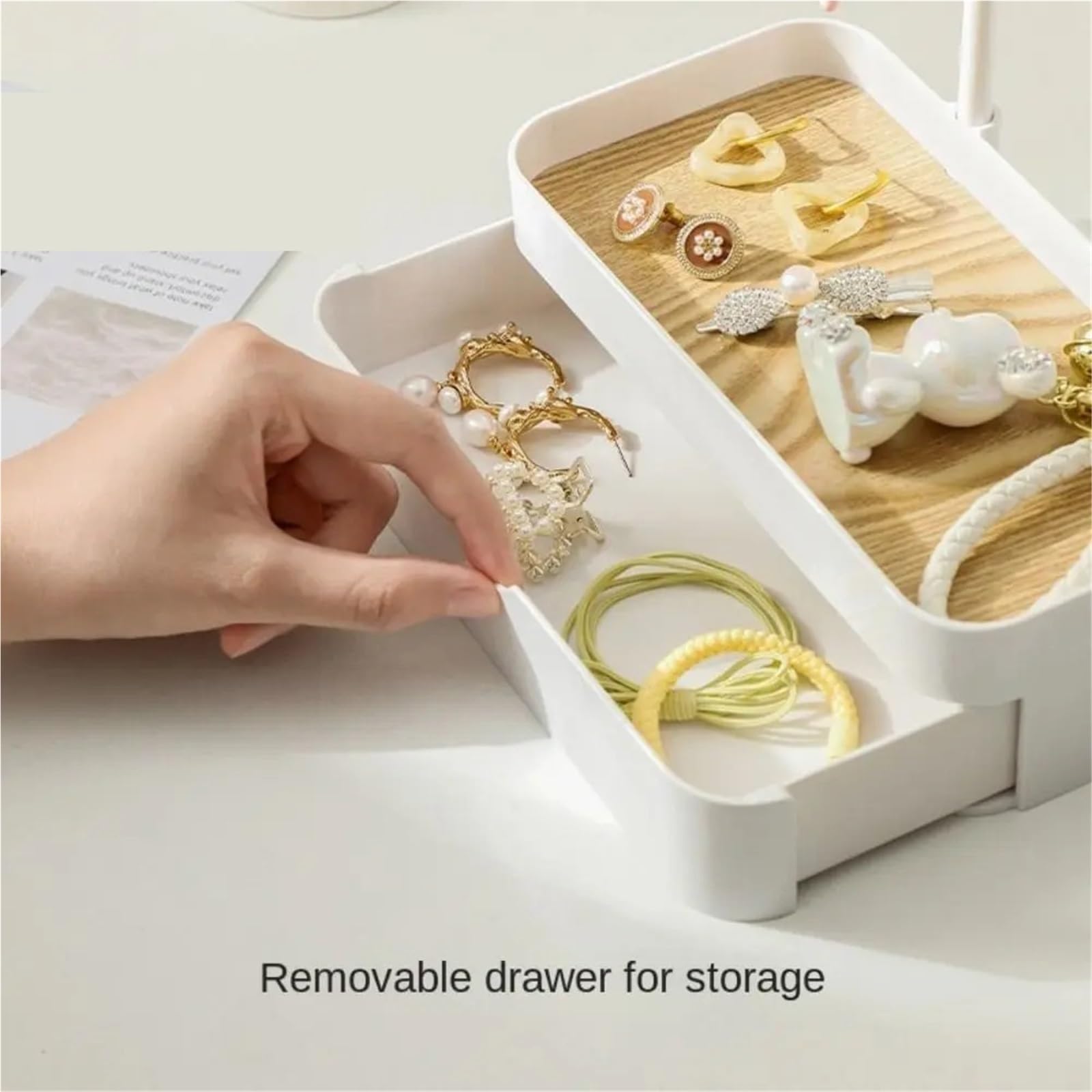 Schwarz - Scaffale per gioielli portatile con cassetto con base in legno, porta chiavi, accessori fotografici, scatola di immagazzinaggio da scrivania