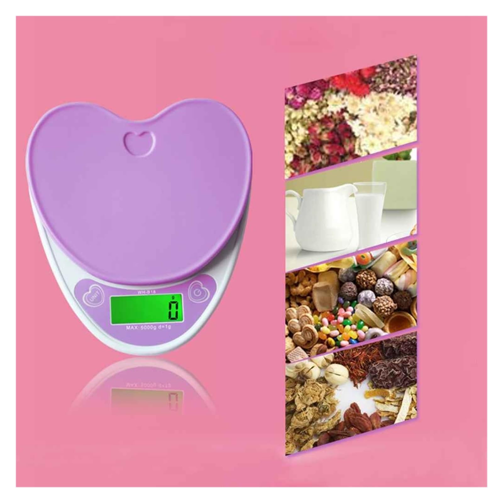 5kg 1g Lovely Heart Shaped Cyfrowa Waga Kuchenna LCD Food Wagi Elektroniczne Gotowanie Dieta Ławka Do Ważenia(Purple)