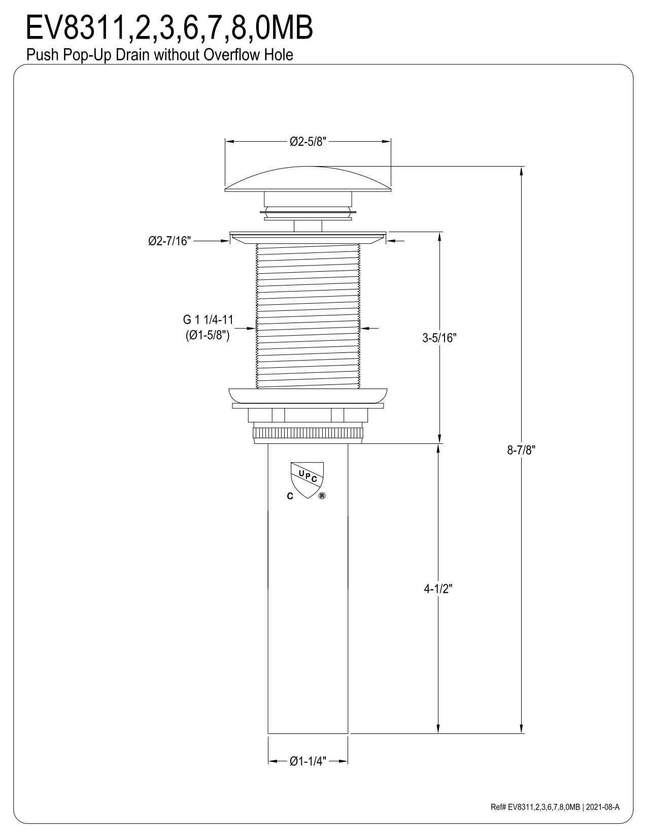 Kingston Brass EV8316 Coronet - Desagüe desplegable para lavabo de baño sin desbordamiento, níquel pulido, 8.88 x 2.63 x 2.63 pulgadas
