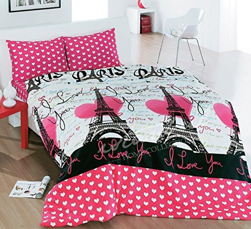 3 Pcs Paris Eiffel Tower Theme Single Twin Size Duvet Quilt Cover Set Bedding Linens Made in Turkey Pink (Twin)