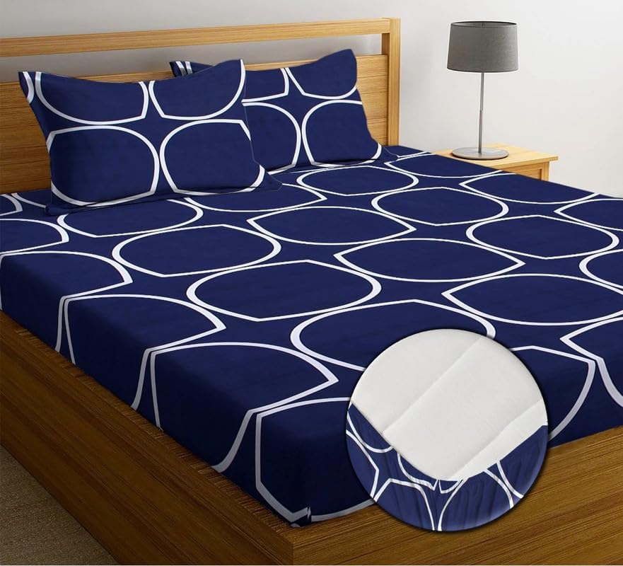 Image of Avinya 250 TC Premium 7D Printed Cotton Feel Elastic Fitted Single Size Bedsheet with 1 Pillow Covers |48 inch x 72 inch| Fits up to 6-Inch Mattress |Navy gole