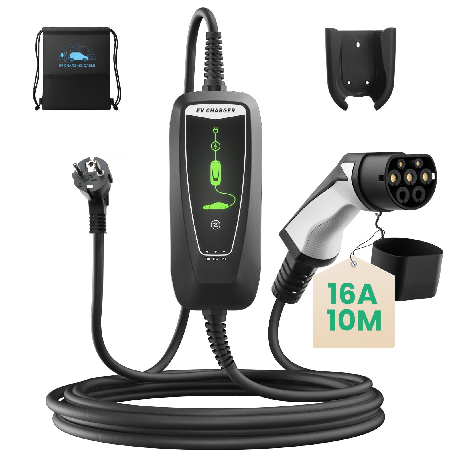 WISSENERGY Typ 2 EV Ladekabel Schuko 2-Pin, 3,68KW Einphasig [10-16A] EV Ladegerät mit 10M Ladekabel, IP66 Wasserdicht Mobile Ladestation mit Tragetasche für PHEV EV