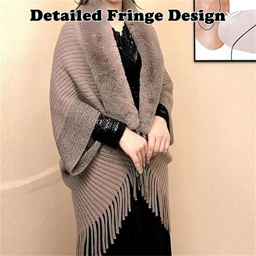 Permitime Loose Shawl with Fur Collar for Women4