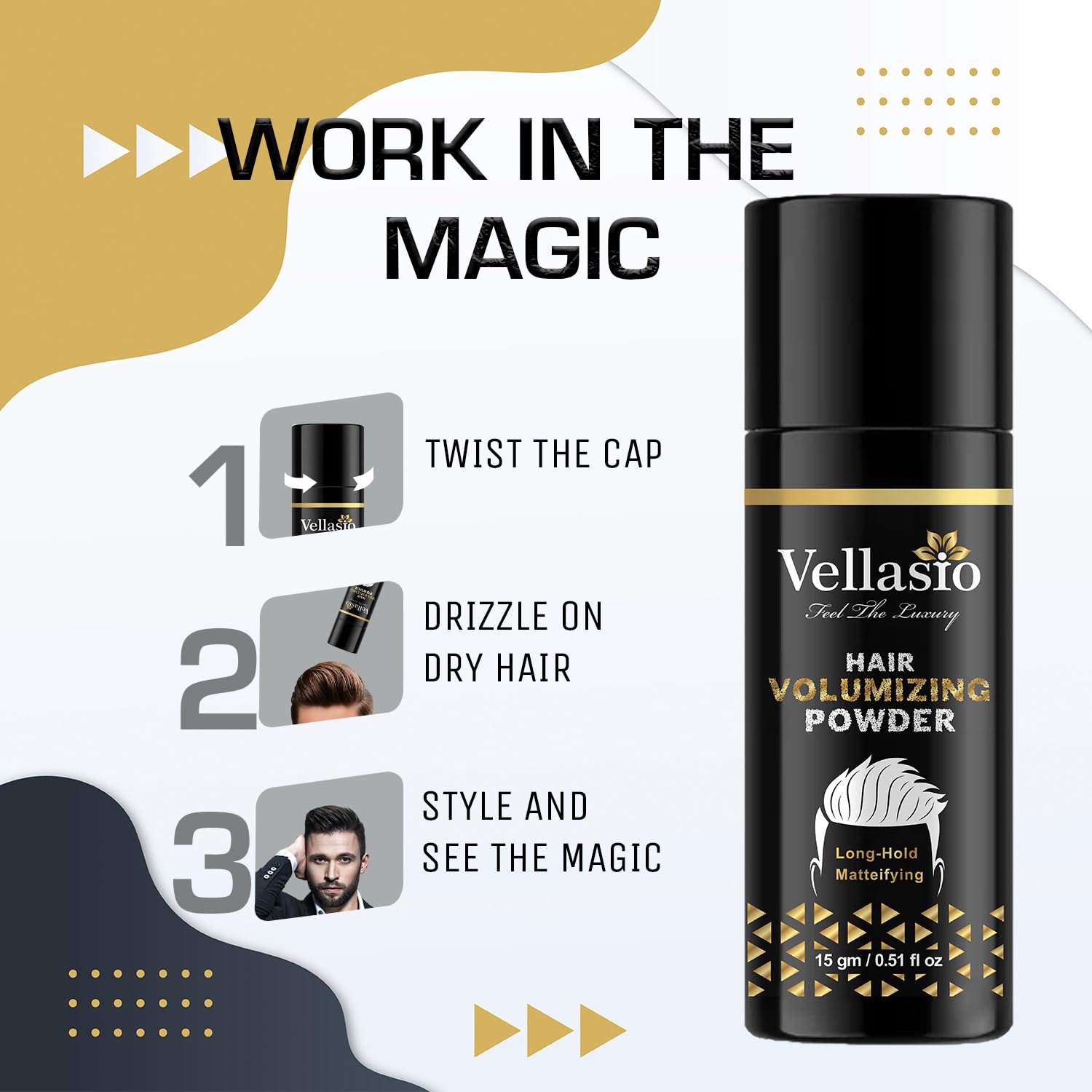 VELLASIO Hair Volumizing Powder Wax for Men, 15g, Matte Finish, 24-Hour Strong Hold, 100% Natural