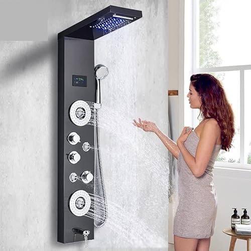 Brushed Nickel Shower System Luxury Black Led Shower Panel Spa Massage Jet Shower Faucet Bathroom Waterfall Rain Shower Column System Faucet Bathoom Rustproof And Durable ( Color : Black 8020 , Size : #TOP1