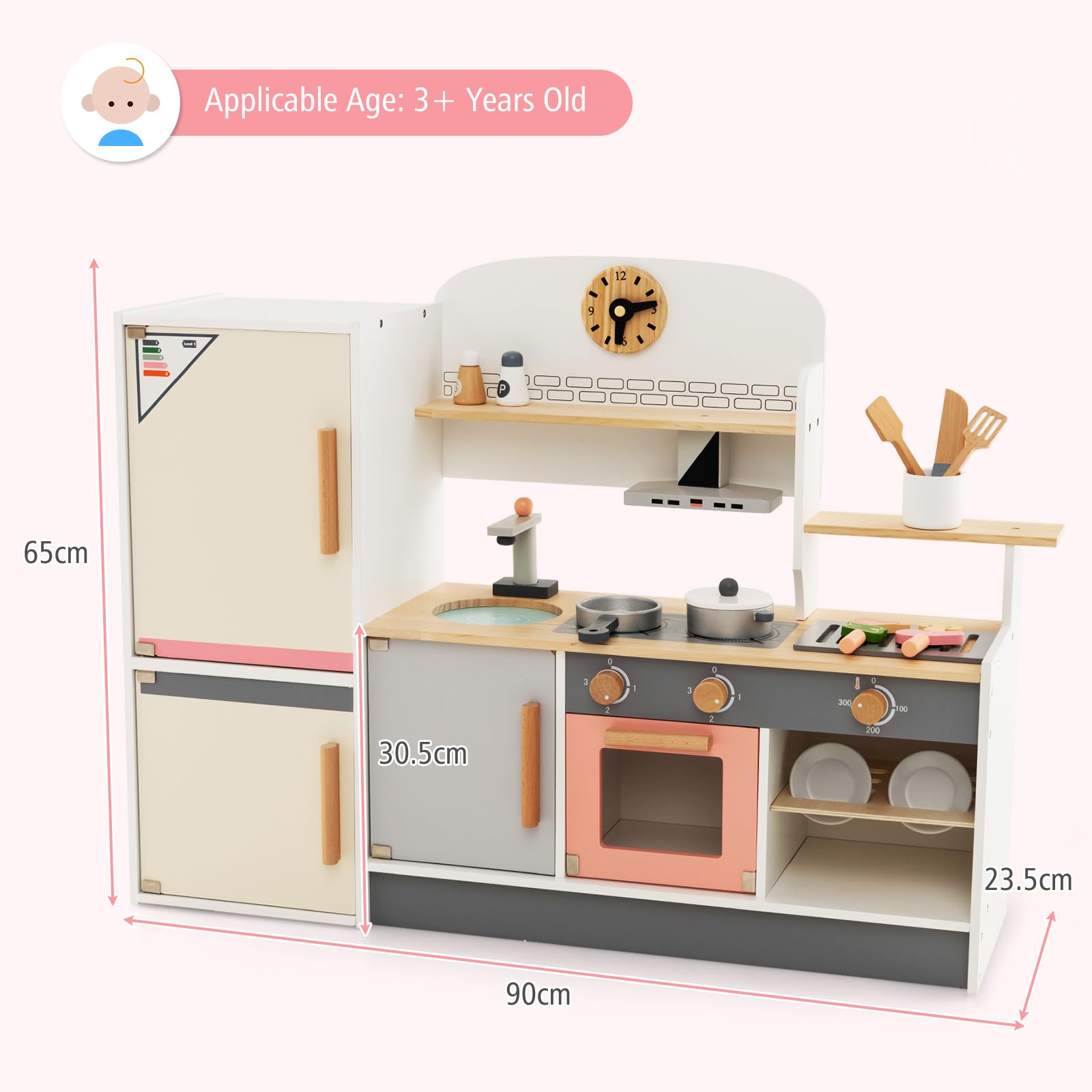 DREAMADE Cuisine Enfant avec Accessoires Abondants, Cuisine en Bois Enfant avec Four, Réfrigérateur, Ustensiles de Cuisine, Jeux d’Imitation pour Enfants 3+ Ans, Cadeau pour Garçons et Filles