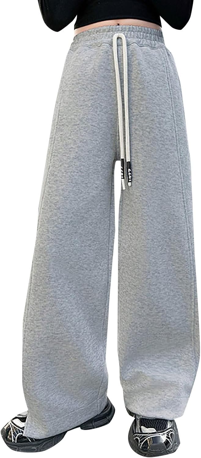 Girls Cotton Casual Straight Leg Pants Kids Elastic High Waist 𝐃rawstring Trousers Teen Autumn Winter Fashion Baggy