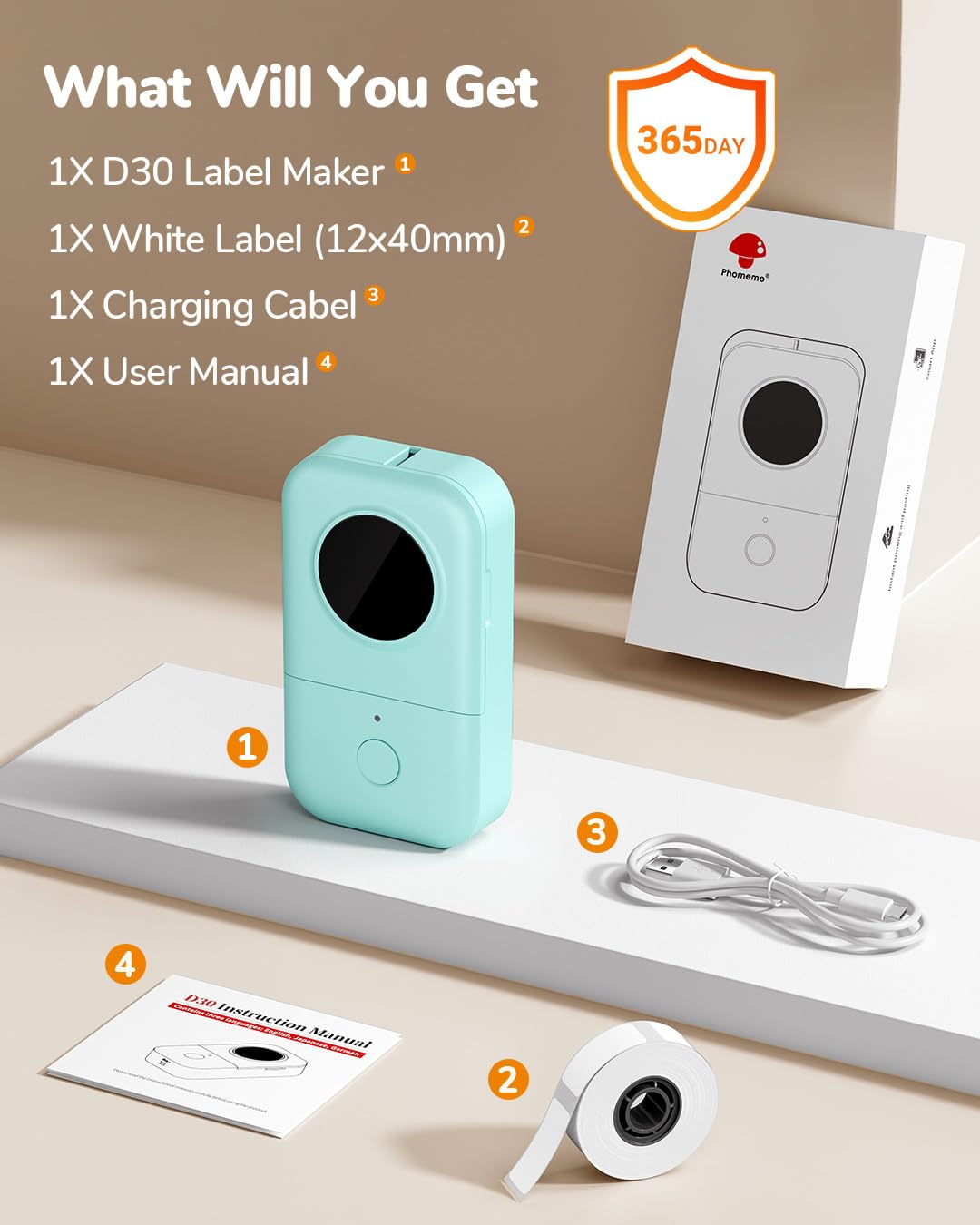 Phomemo D30 Etikettiergerät, Bluetooth Etikettendrucker Beschriftungsgerät Selbstklebend, Thermo Label Printer Geeignet für Zuhause, Schule, Büro, Etikettiergeraet für Smartphones und Tablets, Grün