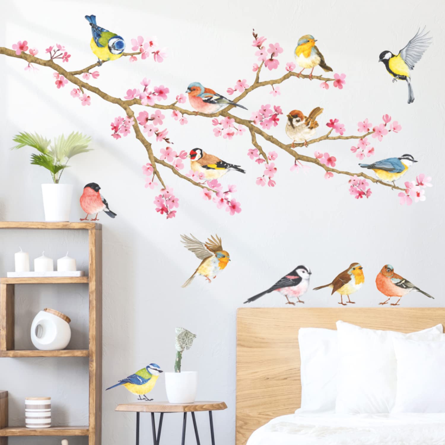 Decowall Dwl-1904N Cherry Blossom & Garden Birds Kids Wall Stickers Decals Peel And Stick Removable For Nursery Bedroom Living Room Art Murals Decorations