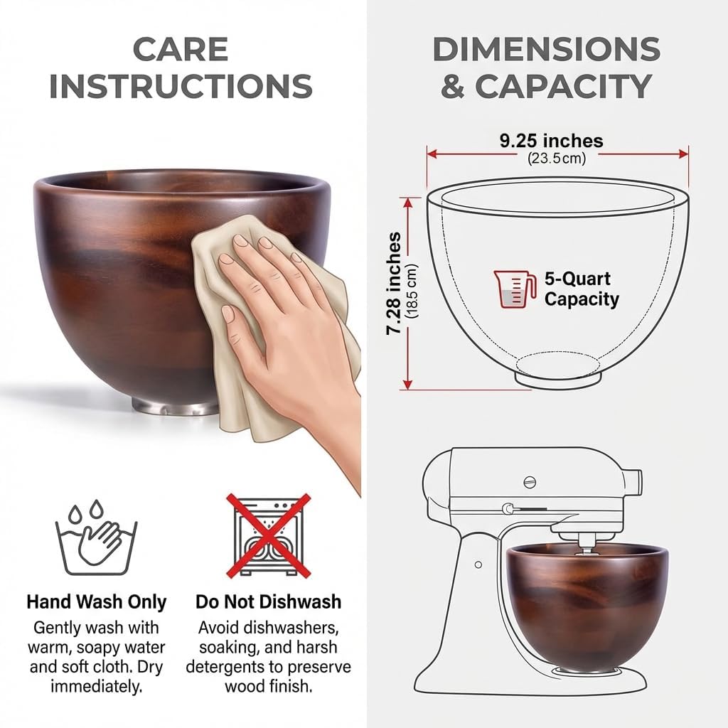 Natural Mixing Bowl for KitchenAid 5QT Mixers - 5 Quart with Steel Locking Base, Fits 4.5 & 5 QT Tilt-Head Models