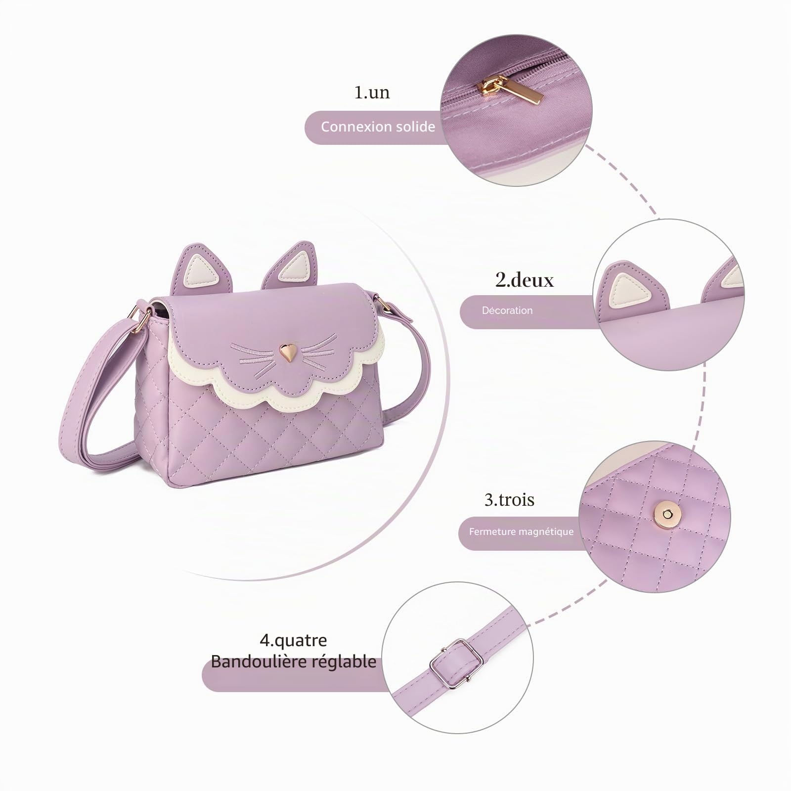 Gladdon Sac à Bandoulière pour Filles Petits sac bandoulière chat Piquage sac à main pour enfant Mini Sac à Monnaie Avec sangle réglable Mode portefeuille(Violet)
