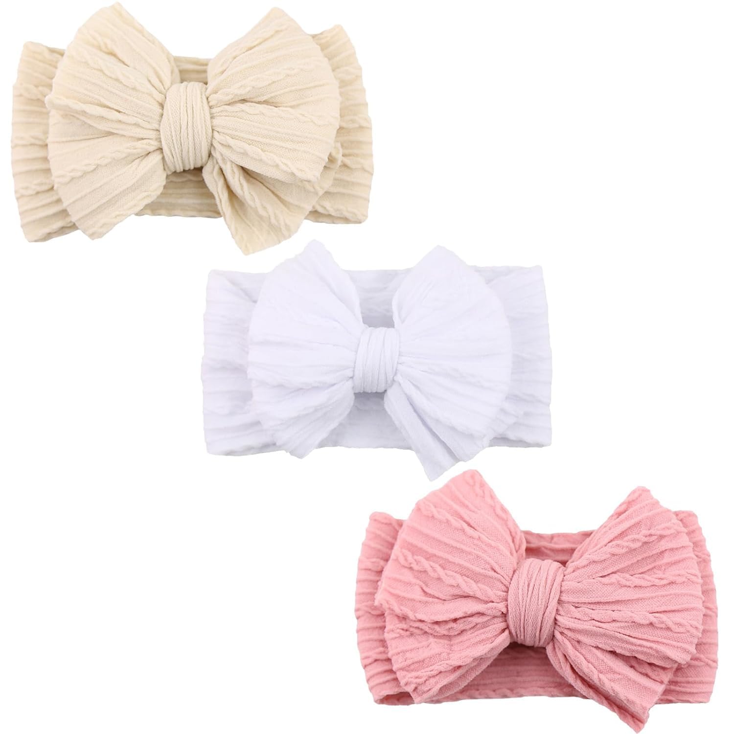 3 Stück Baby Turban Stirnband Baby Mädchen Nylon Stirnbänder Schleife Stirnband Weiche Schleife Kopfbedeckung Elastische Haarbänder für Neugeborene, Kleinkinder (Weiß Beige Rosa, eine Größe)
