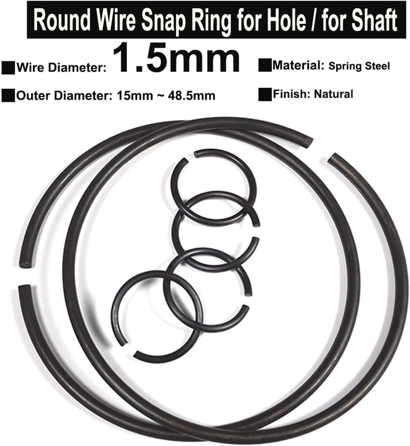 External Circlip C-Type Retaining Ring, 10Pcs Wire Diameter Φ1.5mm Spring Steel for Hole Retainer Circlips for Shaft OD=15mm~48