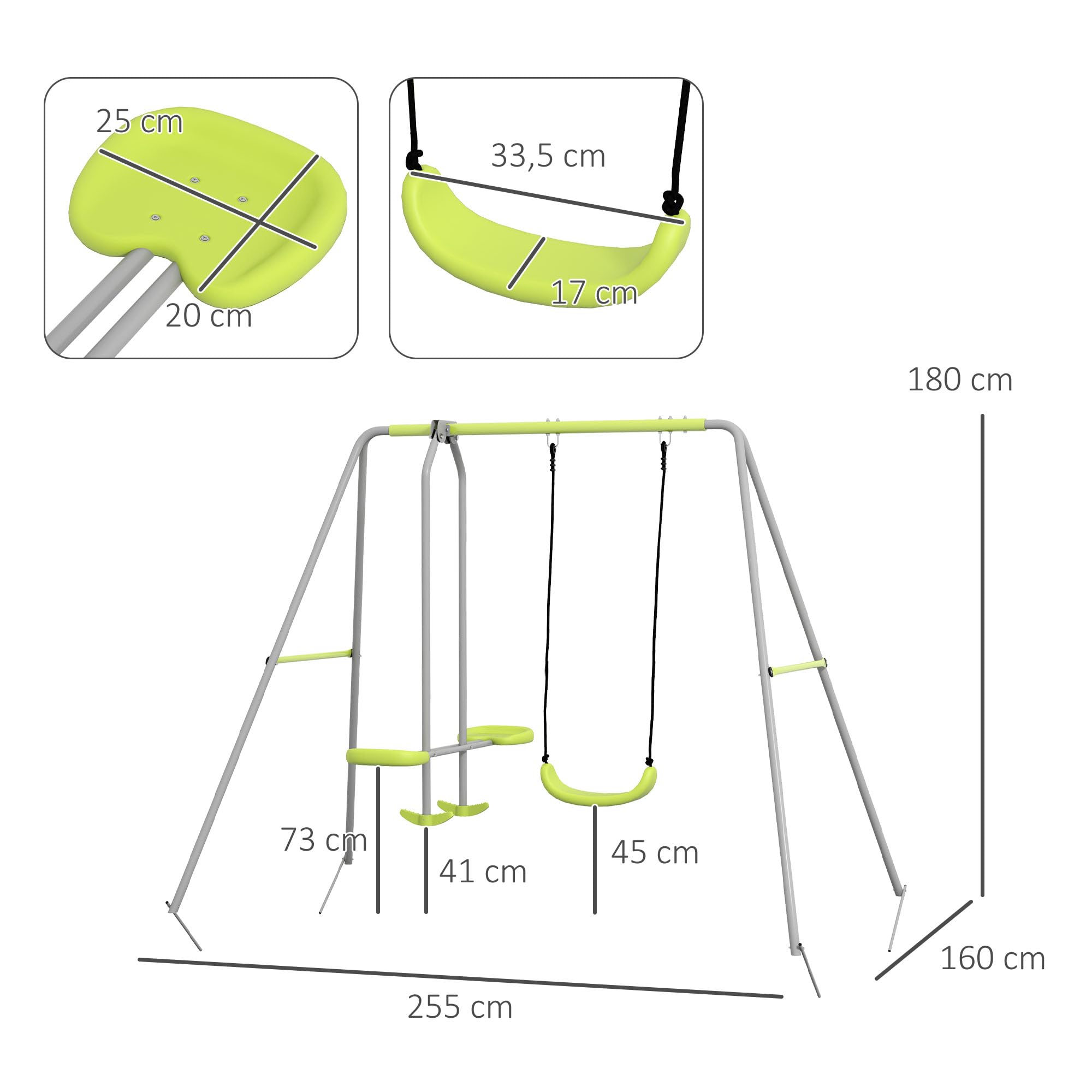 Outsunny Columpio para Niños Anti-UV 135 kg 255x160x180 cm Gris y Verde | Columpio Jardín Exterior, 1 Simple, 1 Planeador