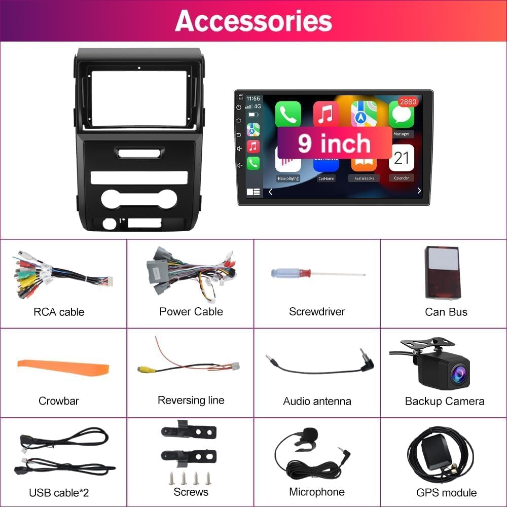 Car Radio Replacement for Ford F150 2009–2012, 9 Inch Android TouchScreen Stereo Head Unit, 4Core+64GB, Wireless CarPlay&Android Auto, GPS Navigation, Bluetooth/WiFi/Backup Camera/SWC (Manual AC Only)
