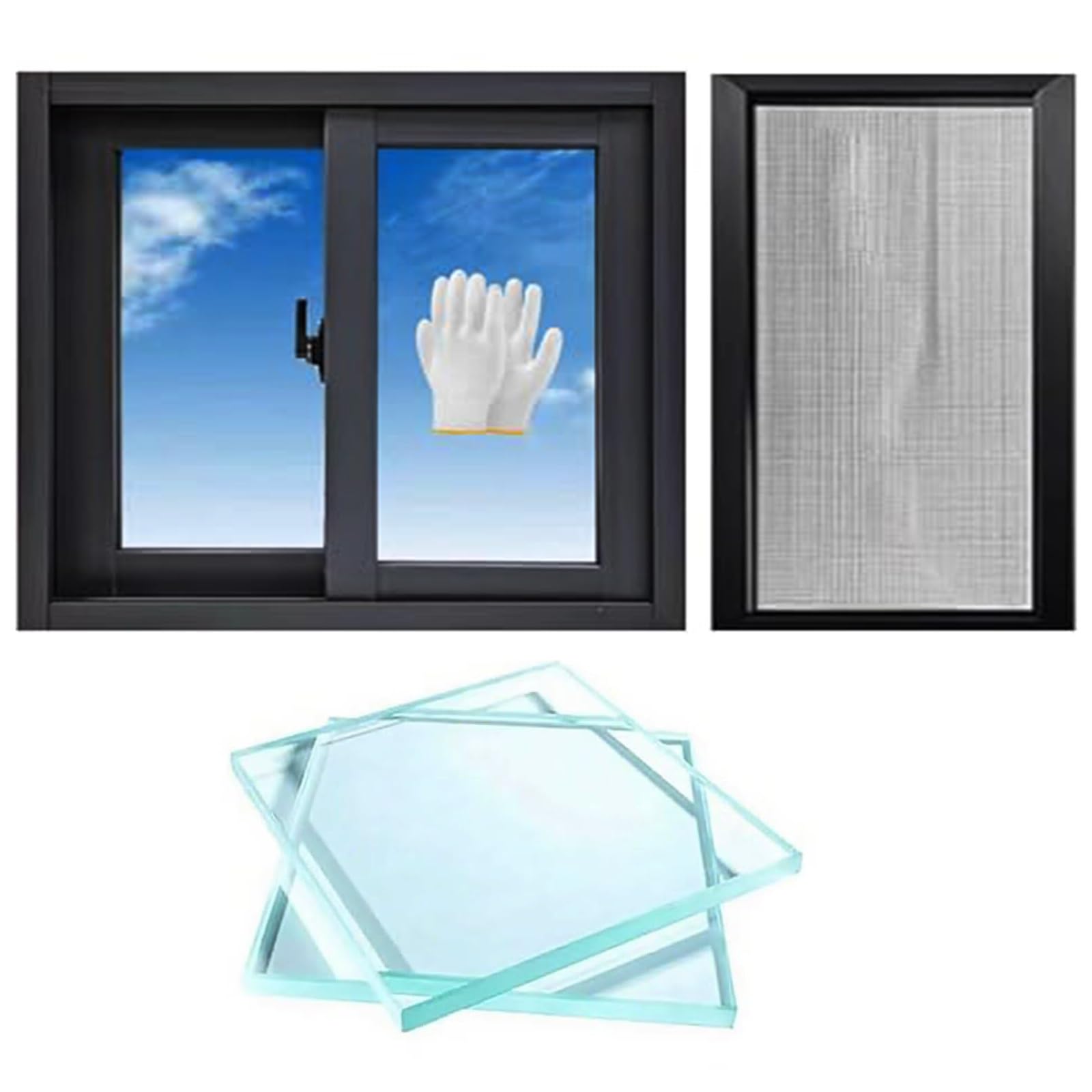 Ventana corrediza de vinilo negro con vidrio esmerilado para baño y cocina