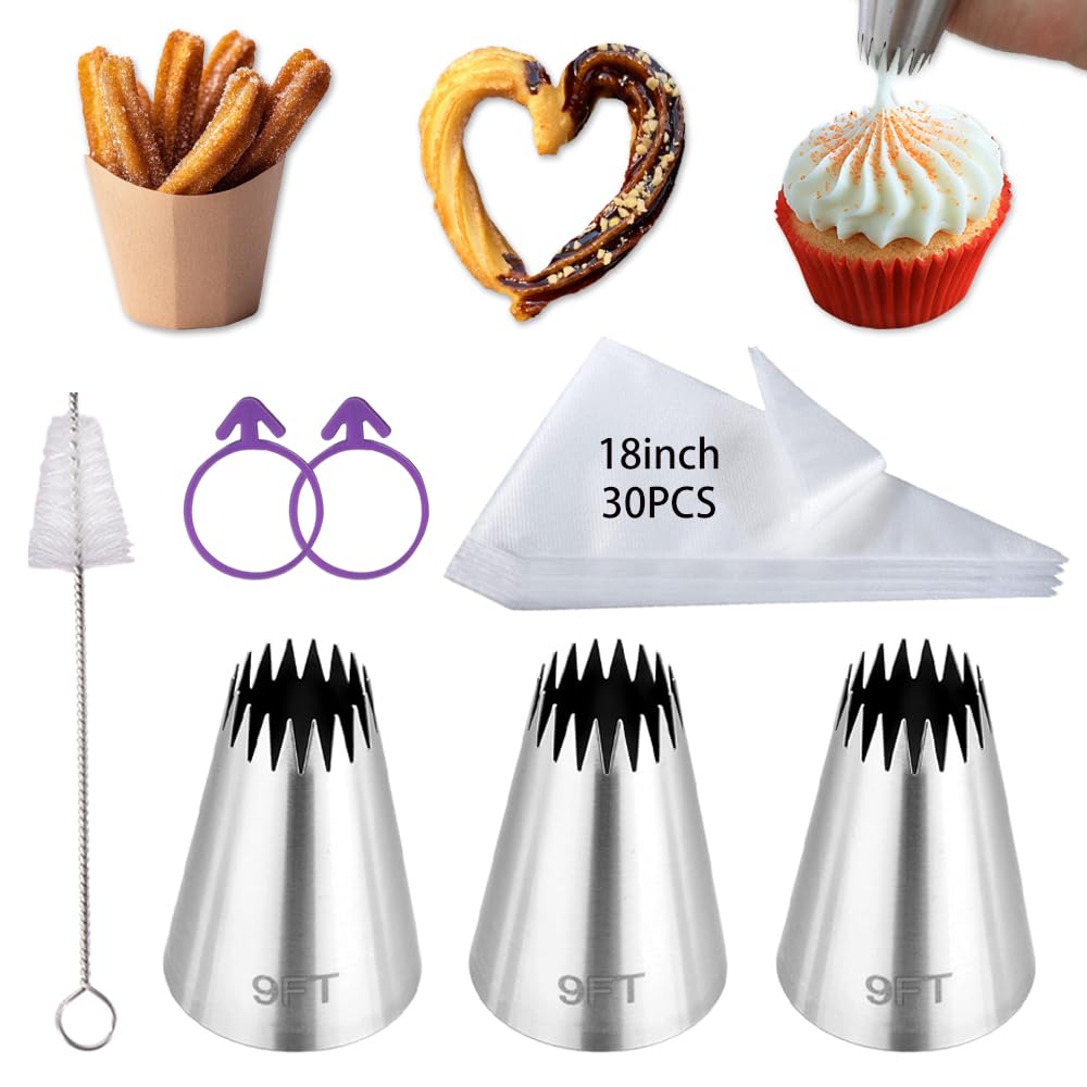 Juego de 3 puntas y bolsas de churro grandes, puntas de pastelería de 9 pies con 30 bolsas grandes de 18 pulgadas desechables para fabricantes de churros, puntas de tuberías de estrella francesa para