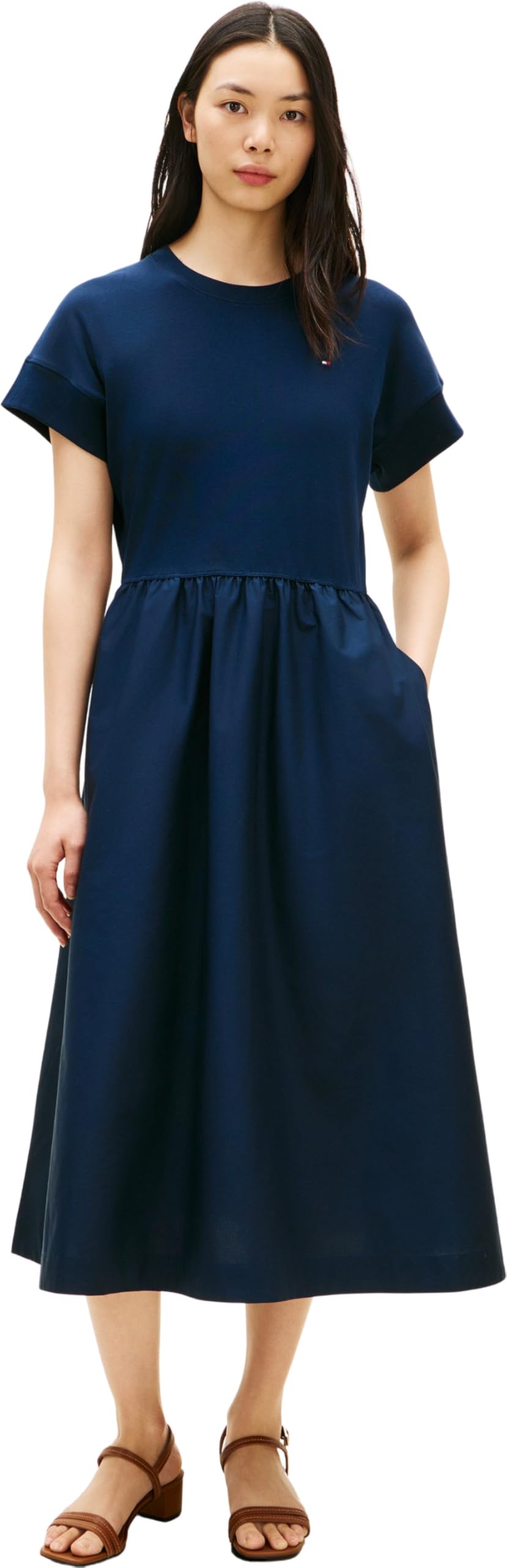 Tommy Hilfiger Damen Cody Mix Media C-nk Midi Dress Ww0ww51148 Ausgestelltes Kleid (1er Pack)