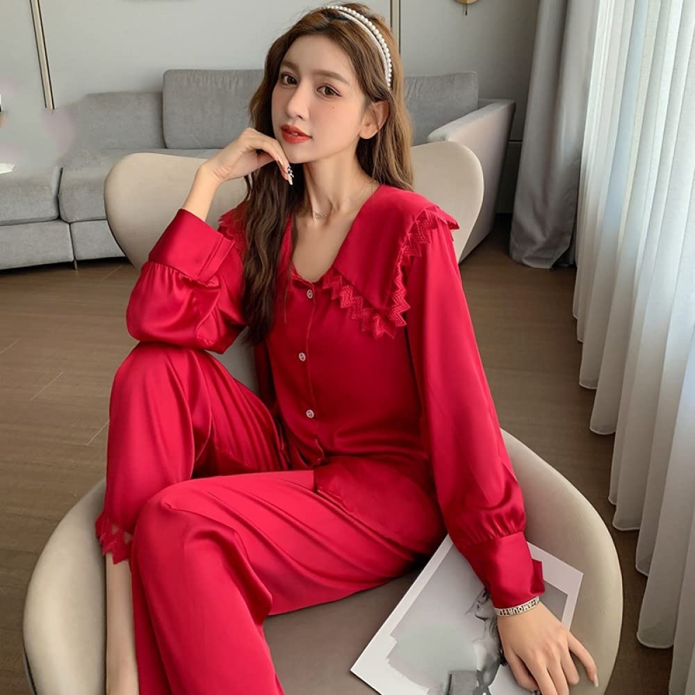Schlafanzüge Für Damen,Damen-Pyjama-Sets Roter Seidensatin-Revers Gekräuselte Spitzenknöpfe Luxuriöse Gemütliche Pyjama-Oberteile Mit Langen Ärmeln & Unterteile Set Lounge Wear Nachtwäsche