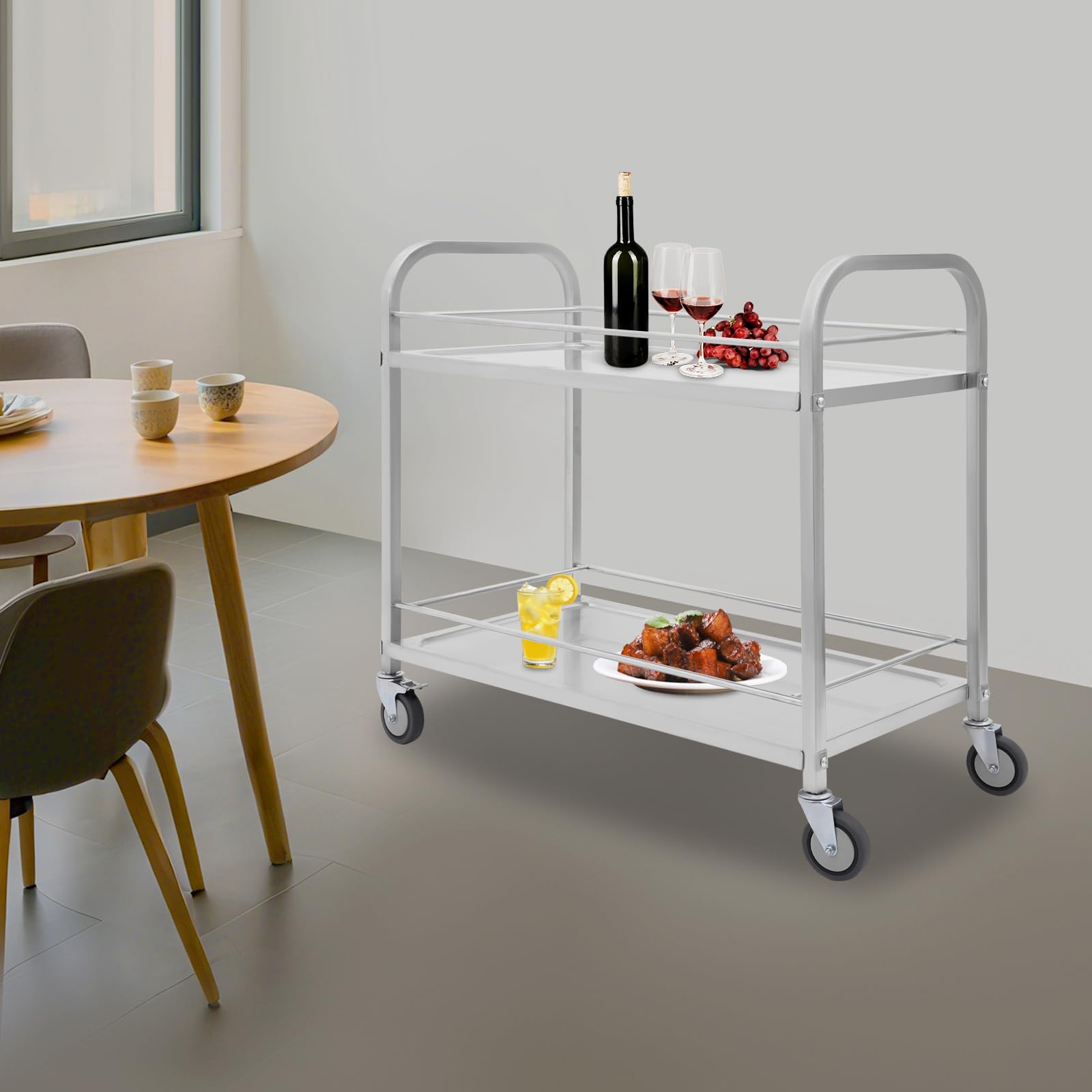 Catering Servierwagen mit Rollen 2 Ebenen Küchenwagen Edelstahl Transportwagen für Restaurant, Küchen oder Hotel