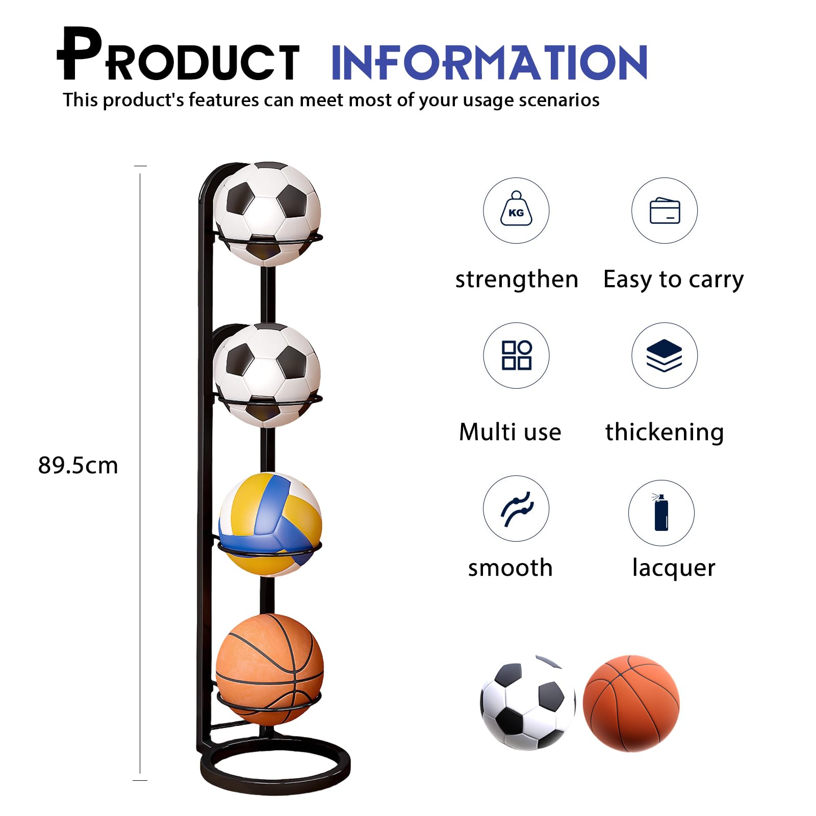Estantería de 4 niveles para balones, soporte metálico para baloncesto, fútbol y voleibol