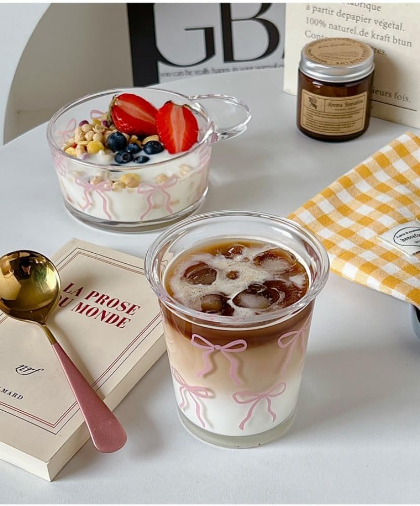 Set of 2 12 OZ French Drinking Glasses Bow Glass Coffee Cup Cute Glass Cups for Iced Coffee,Tea,Juice,Latte,Milk,Dessert,Stackable Glassware Drinkware Set (pink bow) - Image 2