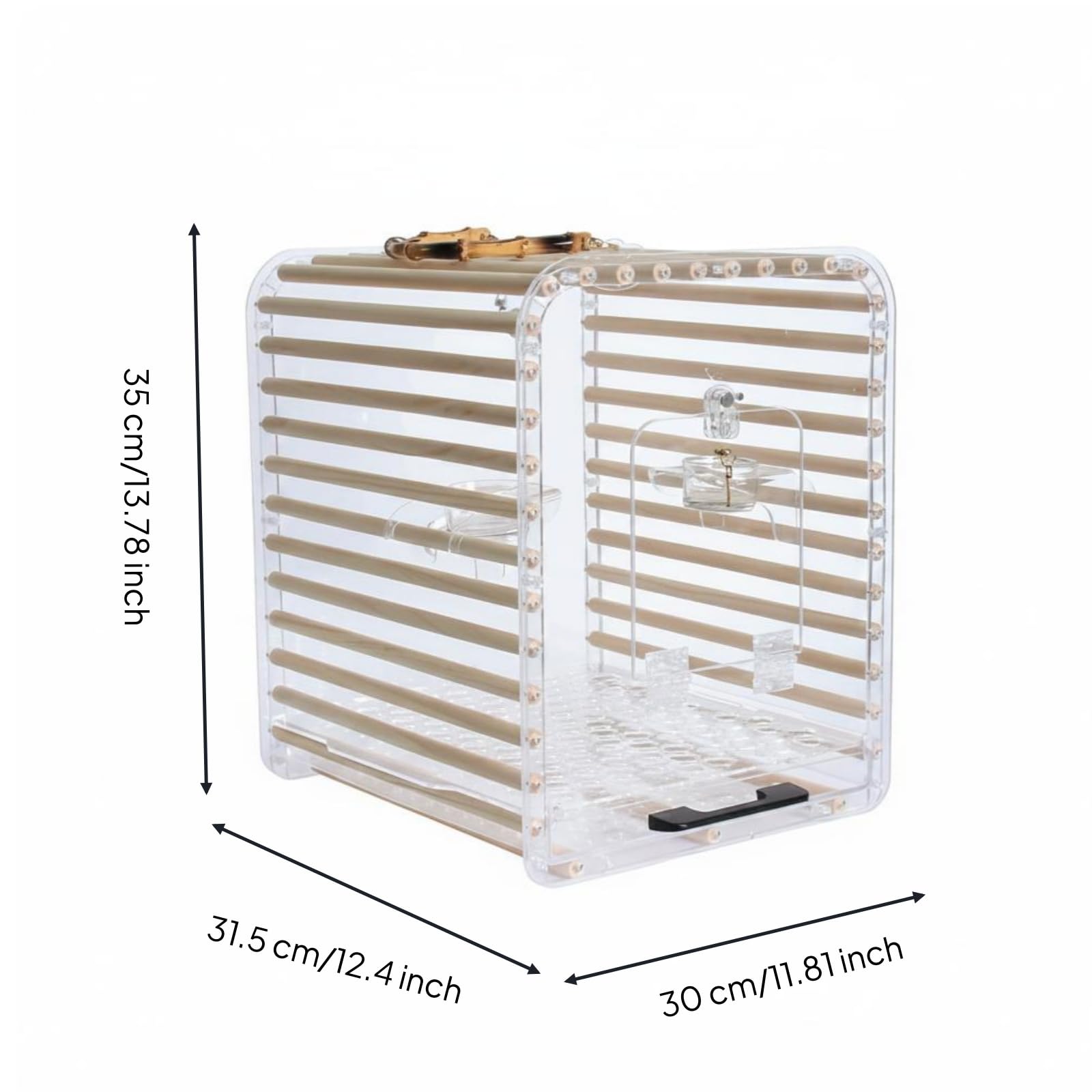 Jaula para Pájaros Portátil Jaula Transportín Aves Caja Acrílica Transparente con Asa de Bambú y Estructura Rígida con, Mediano, Techo Plano