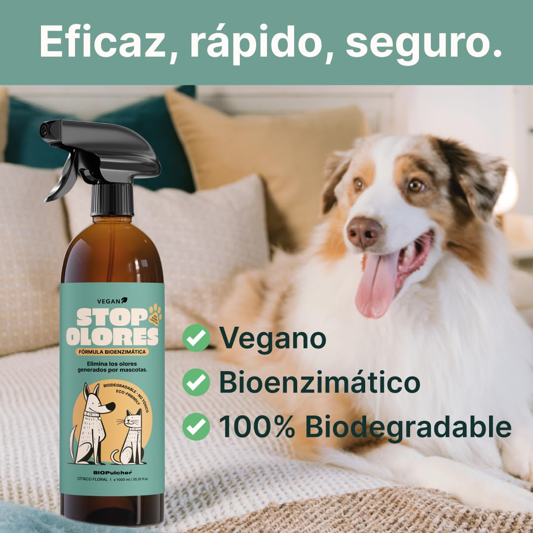 STOP OLORES Neutralise les odeurs générées par les animaux domestiques, tissus, lits, canapé, voiture, bioenzymatique, végétalien, biodégradable